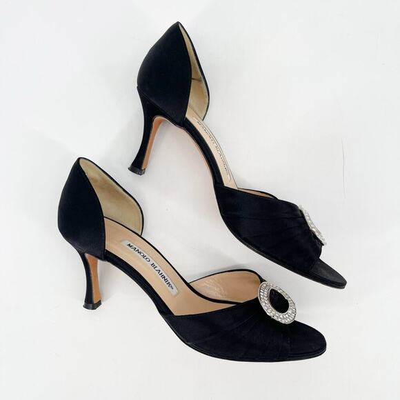 Manolo Blahnik y2k Black Satin Sedaraby Crystal D’Orsay Peep Toe Heels IT 37 - Picture 3 of 10